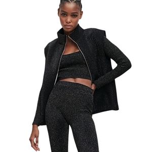 NWOT ZARA Black Silver Metallic Thread Zip up Vest, Size M
